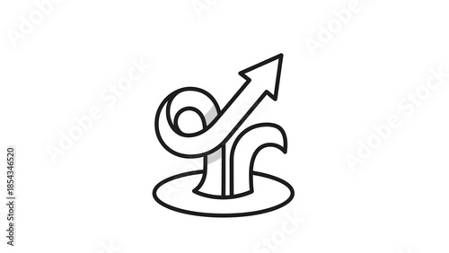 A black and white line art illustration of an arrow emerging from a hole, twisting and turning upwards, symbolizing progress and overcoming challenges.