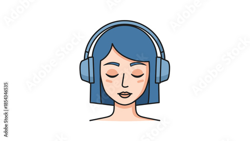 Cartoon illustration of a person with blue hair and closed eyes wearing blue headphones, listening to music or meditating in a serene state.