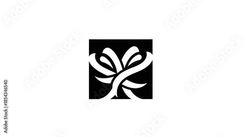 A black square with a white abstract design resembling a stylized flower or intertwined ribbons.
