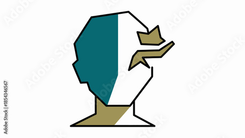 A stylized geometric bust with a teal left side and a gold jagged shape breaking from the white right side.