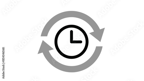 A black and white icon depicting a clock with two circular arrows indicating a refresh or continuous cycle.