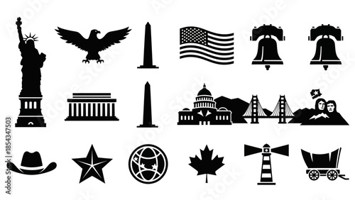 Collection of black silhouette icons representing various American and Canadian national symbols and landmarks on a white background.