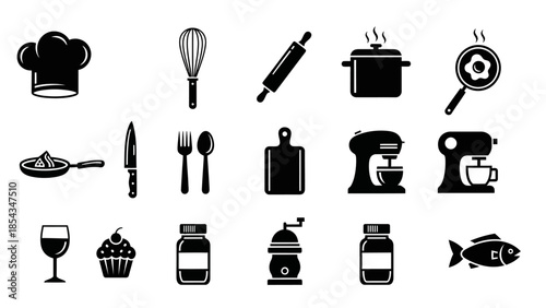 A collection of black and white icons representing various kitchen utensils, cooking equipment, food items, and culinary accessories.