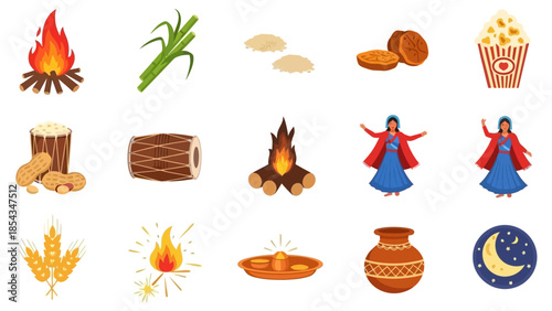A vibrant collection of icons representing a traditional harvest festival celebration, featuring bonfires, sugarcane, grains, festive food, dancing people, and cultural symbols.