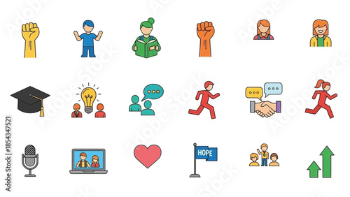 Diverse set of icons representing social issues, education, communication, and personal growth.