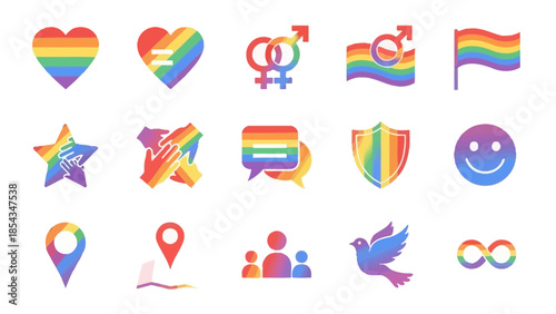 A vibrant collection of rainbow-colored LGBTQ+ pride icons, symbolizing love, equality, diversity, and inclusion for the community.