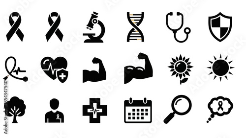 A collection of black and white vector icons representing health, medical science, wellness, nature, and awareness concepts.