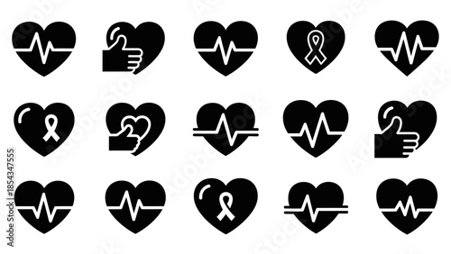 A collection of black heart icons featuring various health and support symbols like ECG lines, thumbs-up gestures, and awareness ribbons.