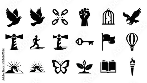 A collection of black silhouette icons representing concepts of freedom, hope, nature, knowledge, and progress.