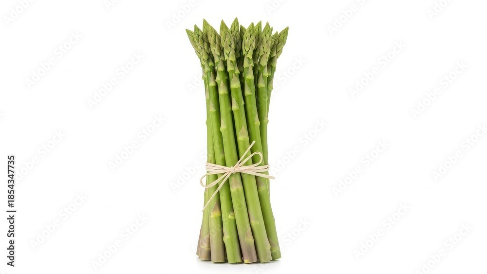 Fototapeta premium Fresh green asparagus bundle against white background.