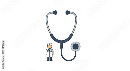 Medical professional standing near a large stethoscope illustration.