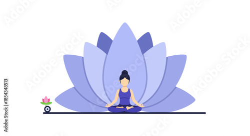 Meditating woman in lotus position in front of a large lotus flower.