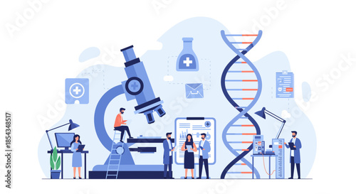 Medical research team analyzing DNA structure and using microscope for study.