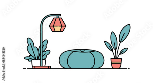 Minimalist illustration of a lamp plants and a round ottoman in a room setting.