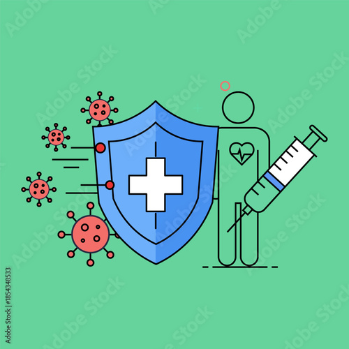 Medical shield protects person from viruses, with syringe symbolizing vaccination and health