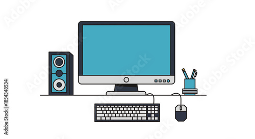 Modern desktop computer setup with monitor keyboard mouse and speakers on a desk.