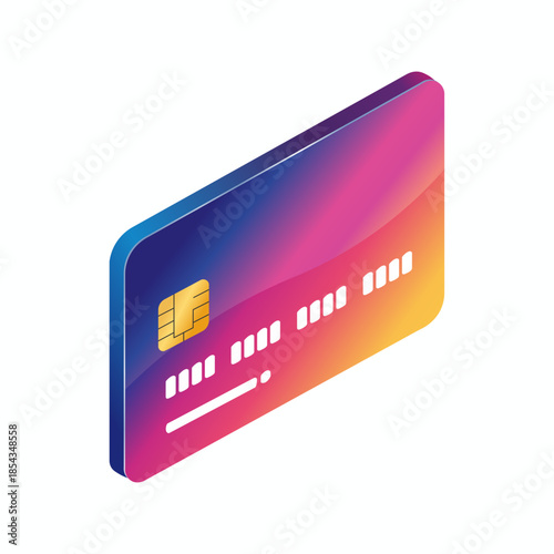 Modern credit card with a vibrant gradient design and chip, presented in isometric view