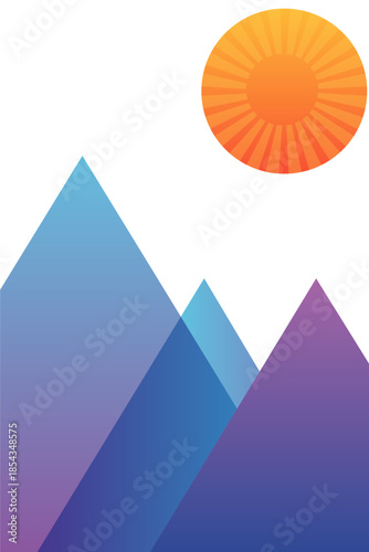 Abstract geometric mountains with a radiant sun in a minimalist style