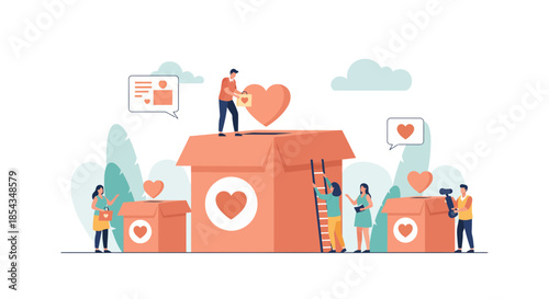 People donating to charity putting hearts into donation boxes helping others.