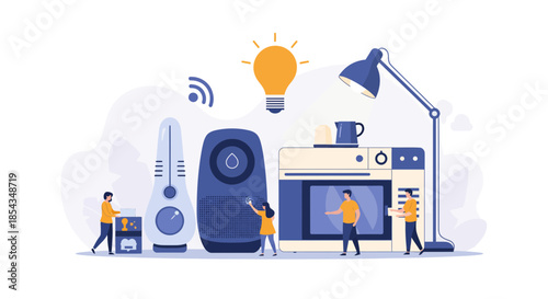 Smart home automation concept with various connected devices and people interacting.