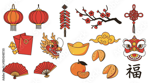 Chinese New Year Symbols Collection: Lanterns, Dragon, Fortune Cookies, Oranges, Fans