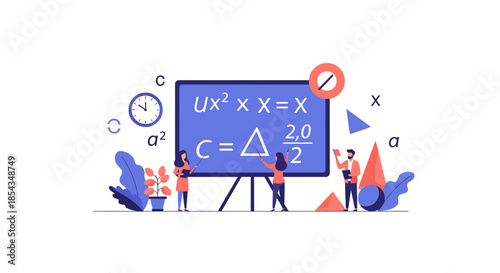Students and teachers studying mathematics and solving equations on a blackboard.