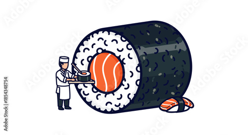 Sushi chef preparing a giant sushi roll with salmon and nigiri.