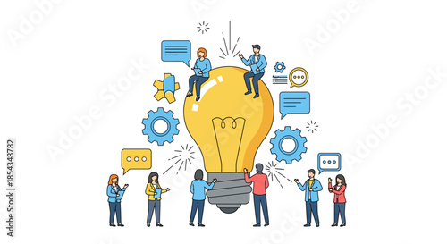 Teamwork and collaboration around a bright lightbulb representing ideas.
