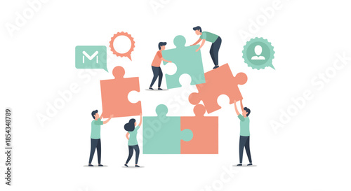 Teamwork and collaboration concept with people assembling puzzle pieces together.