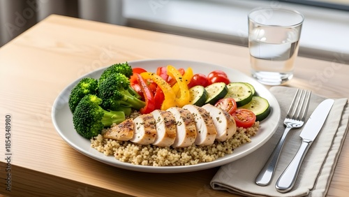 High protein fitness meal, sliced chicken breast with fresh vegetables and grain, nutrition and wellness.