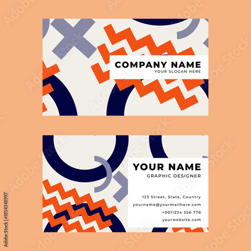 Set of bussines card in memphis style geometric pattern, line and geometric figures. Design backgrounds for invitation, brochure, cover, website banner, bussines card and social media.