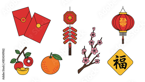 Chinese New Year Symbols: Red Envelopes, Lantern, Firecrackers, Orange, Blossom, Gold