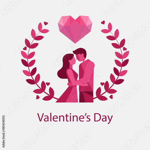 Romantic couple embracing under a heart shaped gem and laurel wreath on Valentine's Day