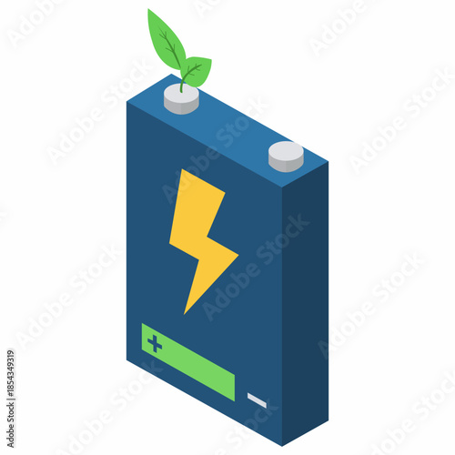 Green energy concept: battery with lightning bolt and growing plant on top