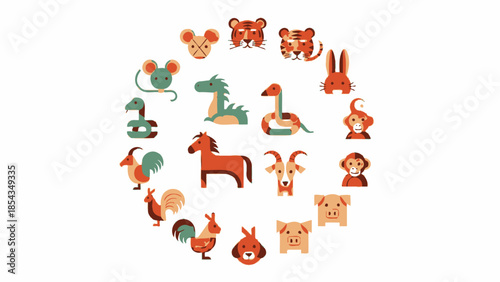 Chinese Zodiac Animals Circle Illustration - Cute Flat Design Icons
