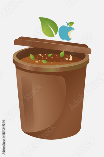 Brown compost bin with green leaves and a bitten apple symbol on a white background