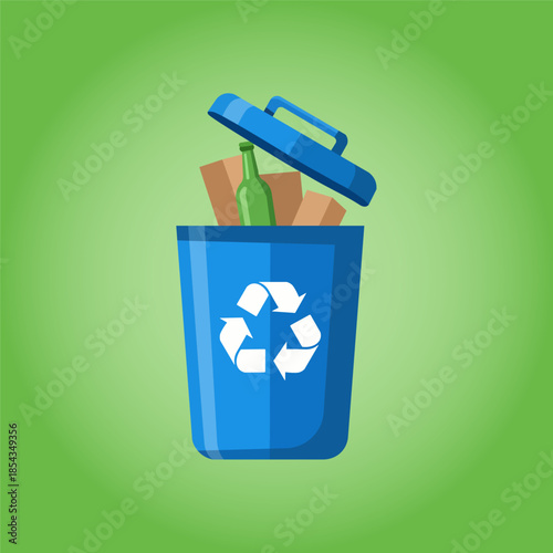 Blue recycling bin overflowing with glass bottle and cardboard waste on a green gradient background