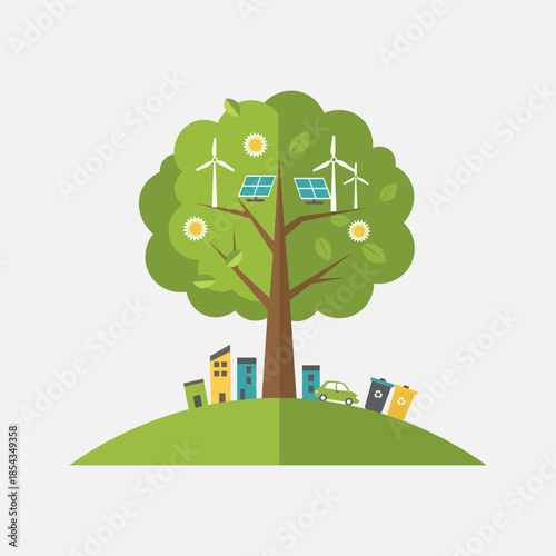 Green energy tree with solar panels and wind turbines powering a sustainable city