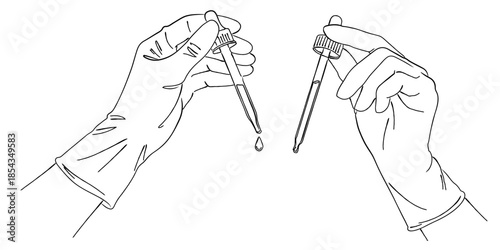 スポイトで美容液を垂らす手元の線画｜スキンケア・化粧品・実験・化学・医療イメージ