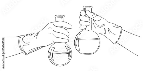 フラスコを持つ研究者の手元の線画｜実験・化学・医療イメージ