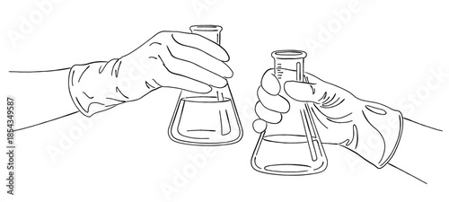 ビーカーを持つ研究者の手元の線画｜実験・化学・医療イメージ
