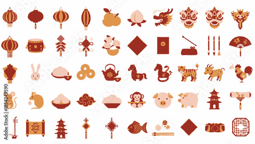 Chinese New Year Symbols Icons Set - Zodiac Animals, Lanterns, Firecrackers, Peach