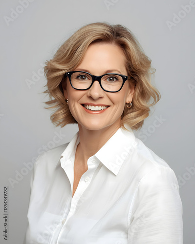 Clean professional studio portrait of confident mature woman with glasses smiling against neutral background, modern corporate headshot for business branding and leadership