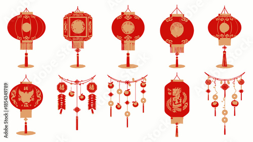 Collection of Chinese Red Lanterns and Ornaments for Festive Decoration