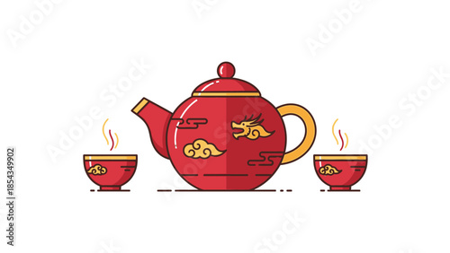 Red Ceramic Teapot with Dragon and Clouds, Served with Two Cups
