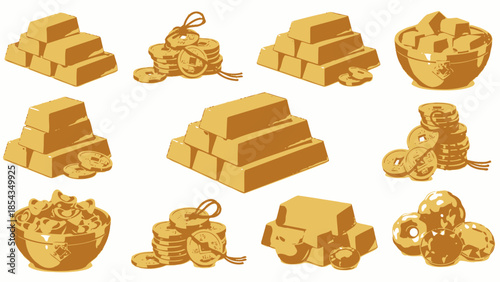 Gold Bullion Bars, Coins, and Treasures in Bowls - Wealth and Fortune Concept