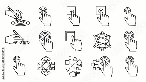 Collection of hand icons representing interaction, selection, and digital touch actions in a clean line art style.