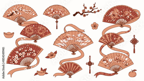 Japanese Fans Collection: Oriental Patterns, Cherry Blossoms, Ribbons, and Ornaments