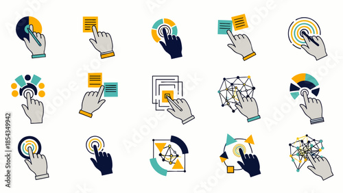 Modern vector set of hand cursor icons for digital interaction, UI/UX design, and data analysis. Illustrates clicking, touching, selecting, and navigating interfaces.