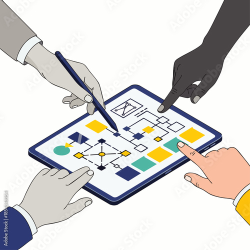 Diverse team collaborating on a digital tablet, planning a flowchart or business strategy with a stylus and fingers
